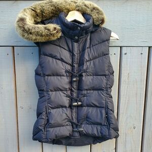 J.Crew Women's Black DOWN Puffer Vest Sz. Small w/ Removable Shearling Hood